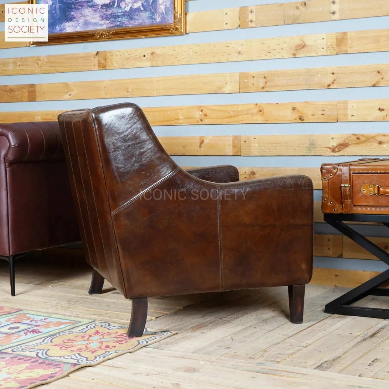 Modern Living Room Dining Home Club Furniture Leisure Vintage Visitorarm Leather Club Genuine Leather Accent Chair