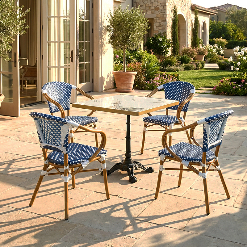 Modern French Marble Pattern Bistro Table Durable Stackable PE Rattan Garden Chairs Set for Commercial Furniture Home Bar
