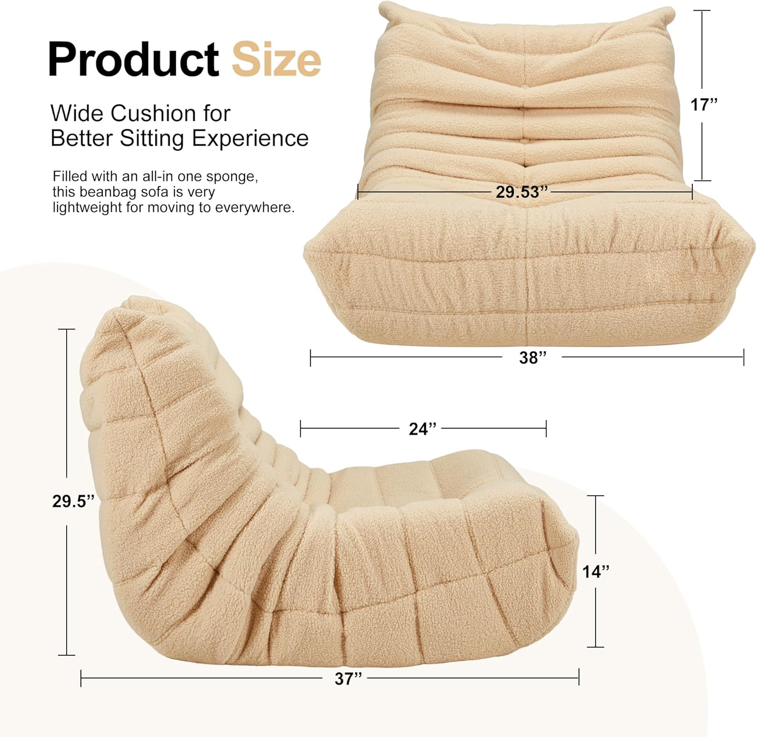 Modern L-Shaped Bean Bag Chair For Adults &amp; Teens High-Density Sponge Filled SnowVelvet Fabric Living Room Use