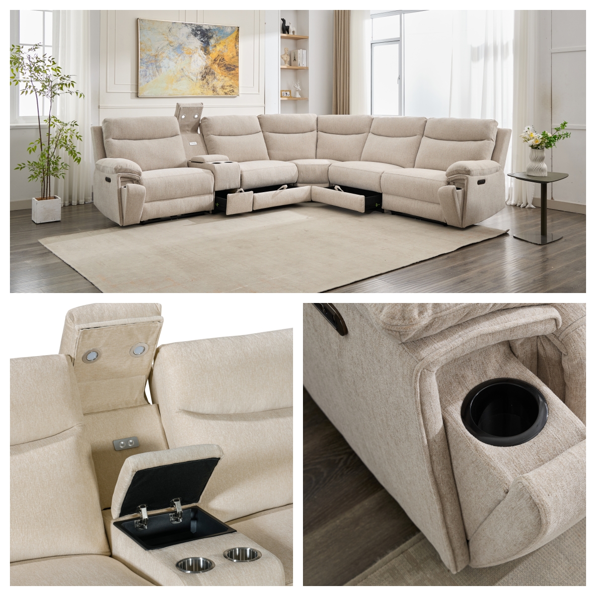 HOMERS Power Recliner Corner Sofa Chenille Fabric L-Shape Electric Sectional Couch with Bluetooth Speaker for Living Room Sofas