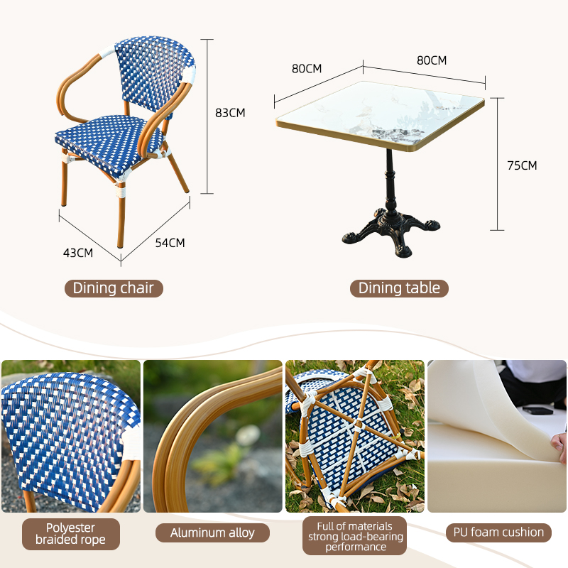 Modern French Marble Pattern Bistro Table Durable Stackable PE Rattan Garden Chairs Set for Commercial Furniture Home Bar
