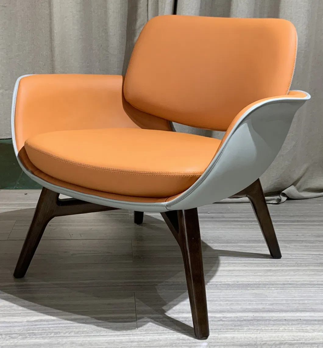 China Fiberglass Public Area Reception Accent Iconic Leather Chair with Solid Wood Base