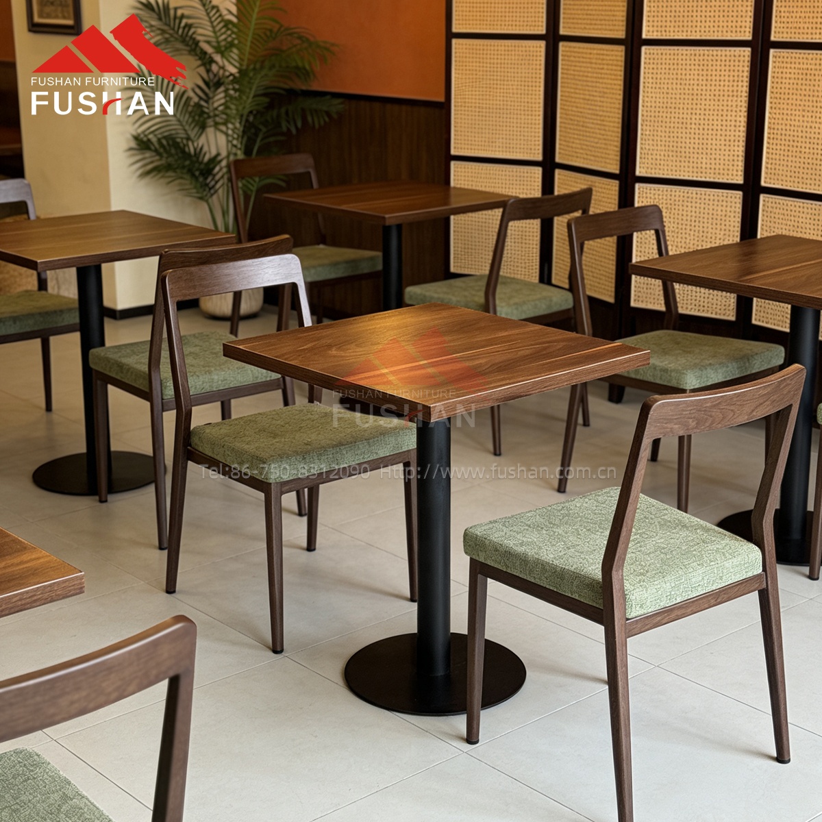 Wholesale Wood Look Metal Restaurant Table and Chair Set Nordic Fabric Cushion Seat Commercial Cafe Bistro Dining Furniture Sets