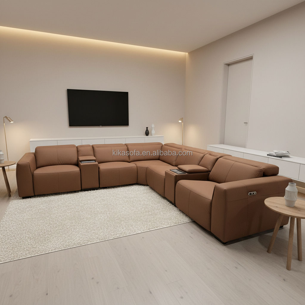 L Shape Modular Genuine Leather Modern Sectional Recliner Motion Sofa Set with Extendable Massage Feature Apartment Hotel Villa