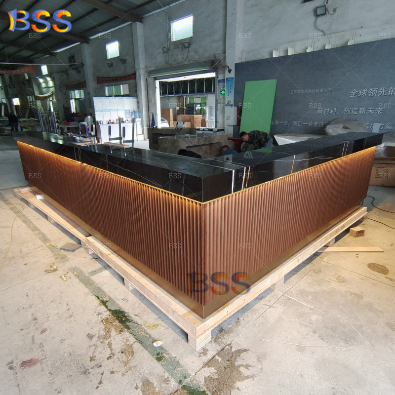 Night Club Bar Modern Design Wholesale Black Marble Top Brown Wood Pub Wine Cocktail Cafe L Shape Hotel Restaurant Bar Counter