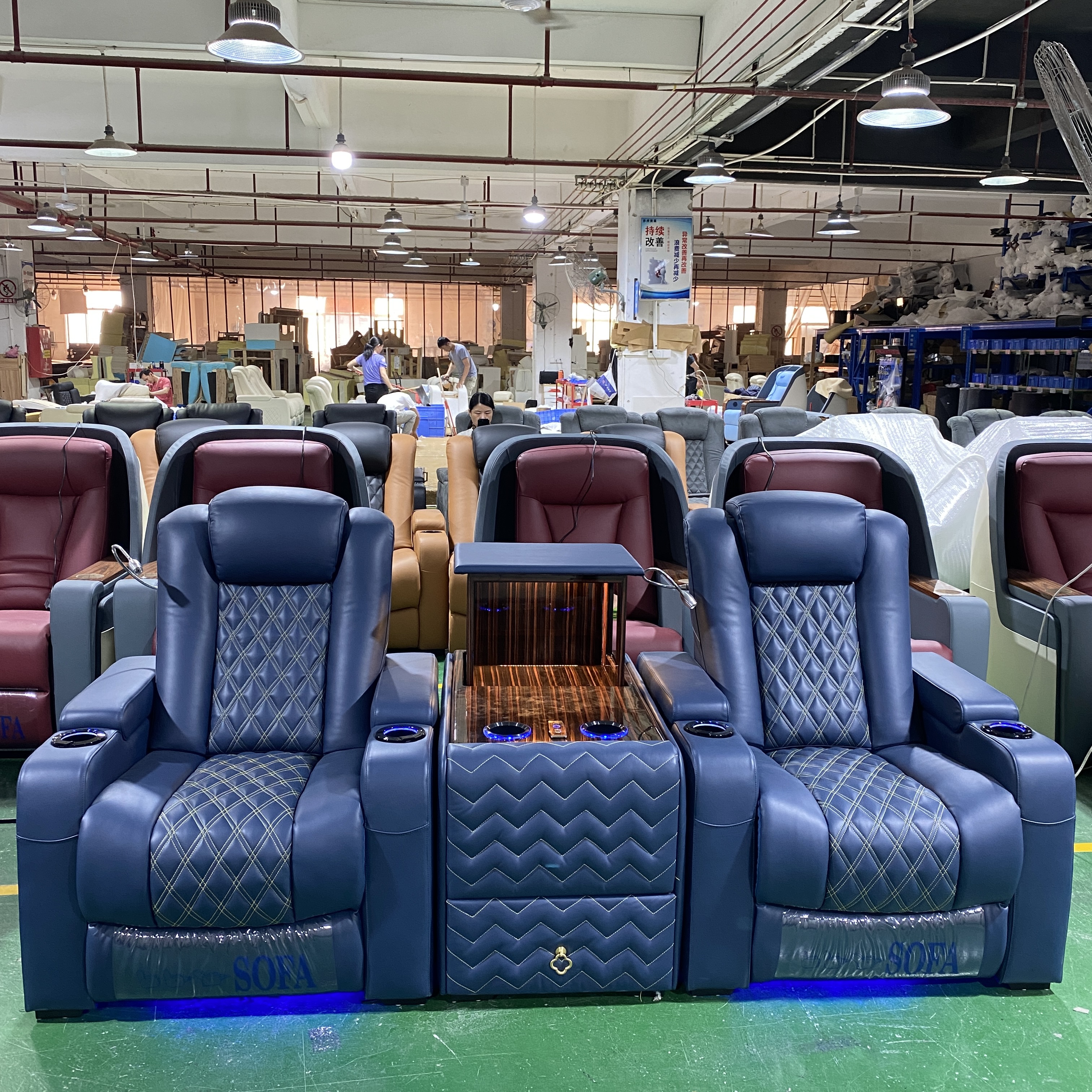 HOT Double Diamond Stitches Modern PU Leather Home Theater Furniture Colorful LED Light Reclining Chairs Electric Cinema Sofa
