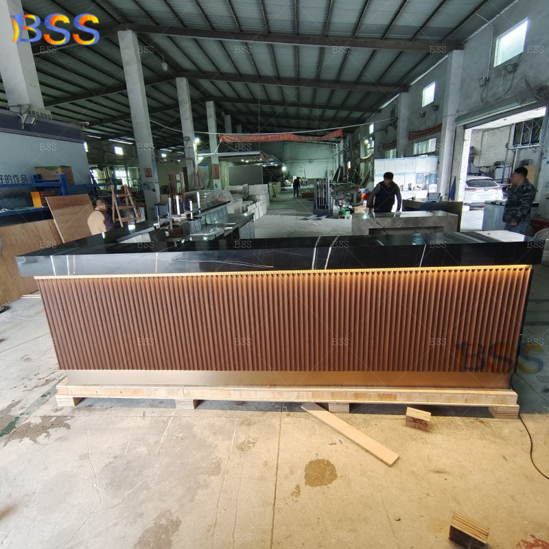 Night Club Bar Modern Design Wholesale Black Marble Top Brown Wood Pub Wine Cocktail Cafe L Shape Hotel Restaurant Bar Counter