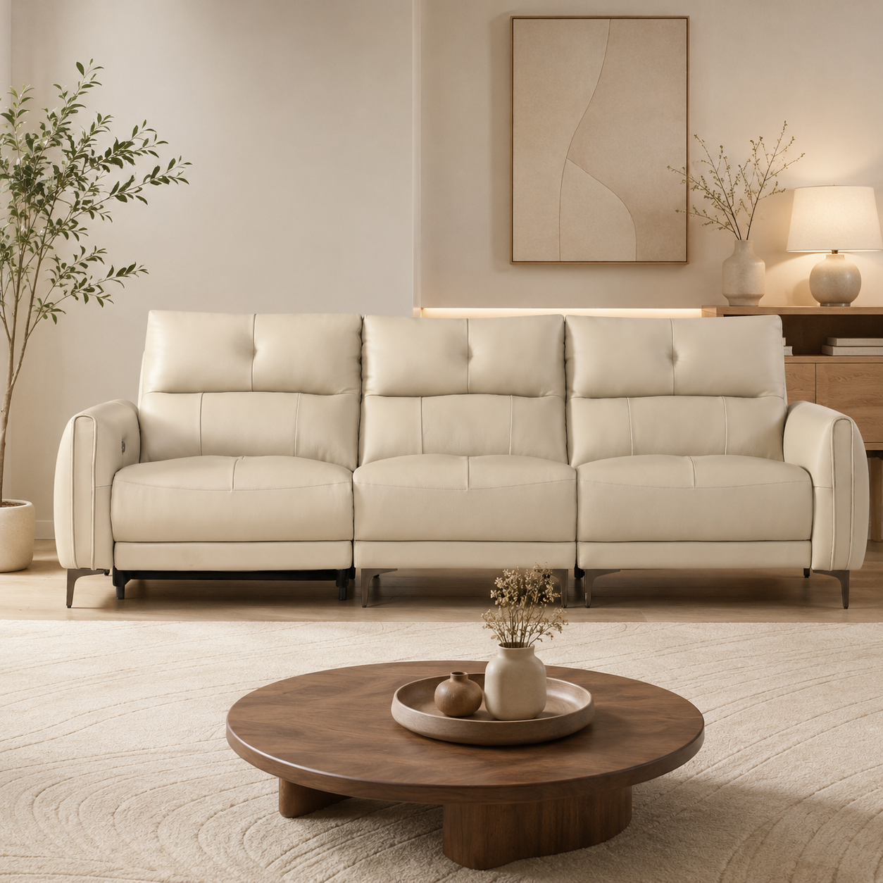 Modern Beige Genuine Leather Recliner Sofa with Adjustable Headrests for Living Room
