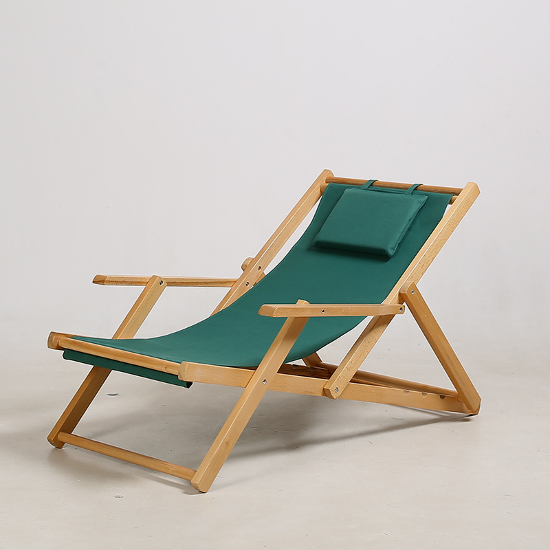 BSCI Adjustable Height Folding Armrest Fishing Foldable Wooden Camping Beach Lounge Chair with Pillow