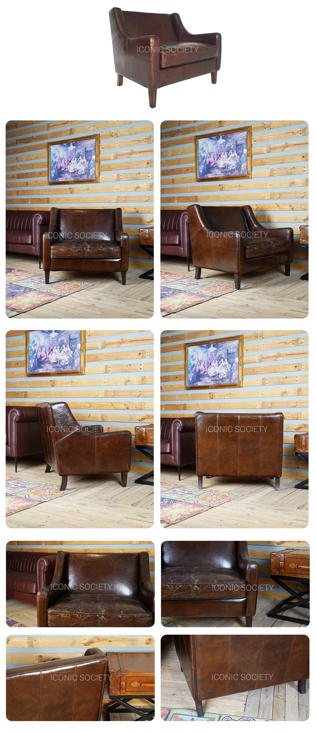 Detailed views of Vintage Leather Accent Chair