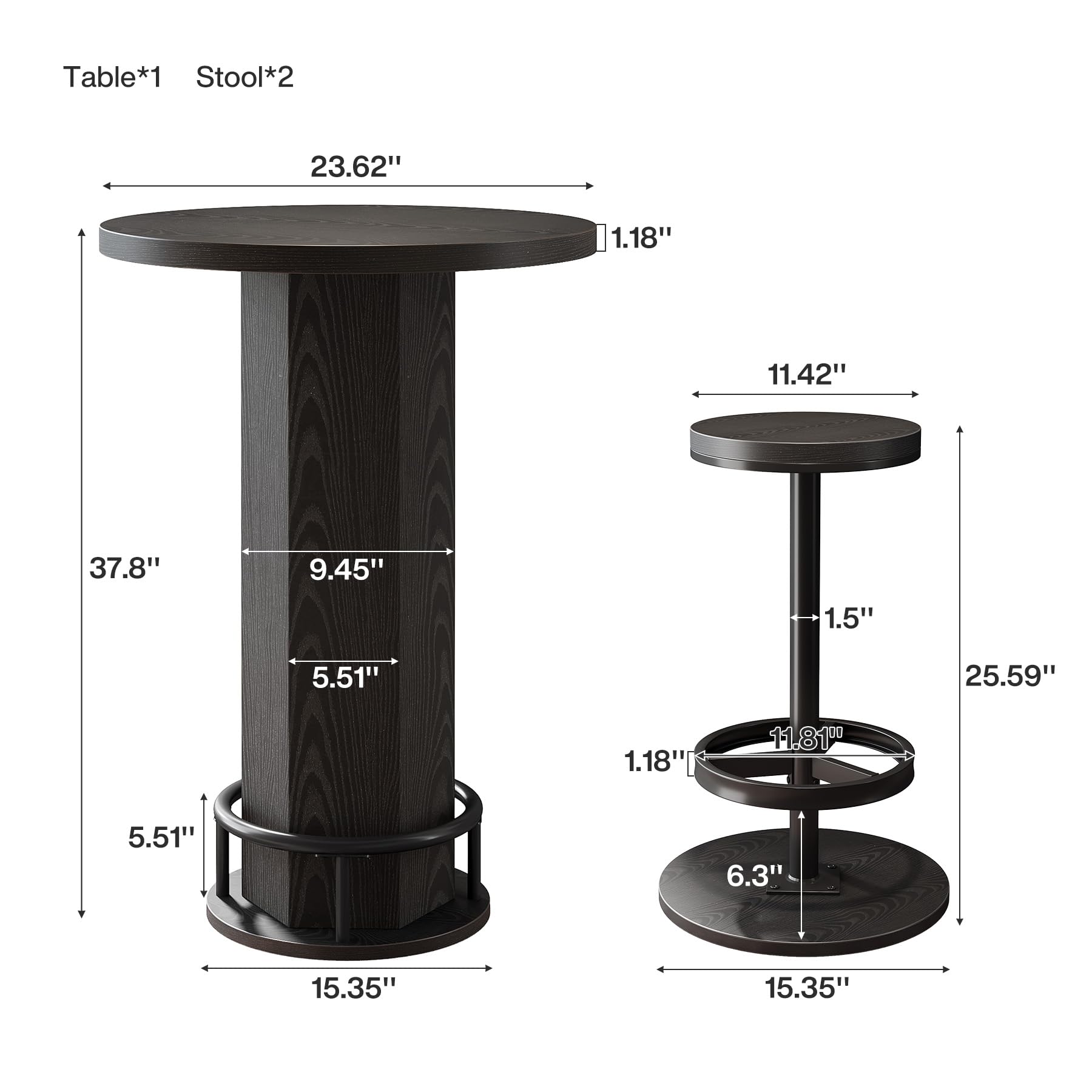 Tribesigns Round Bar Table with Chairs, Industrial Black Bistro Sets with 2 Barstools, Small Pub Table with Metal Ring Footrest