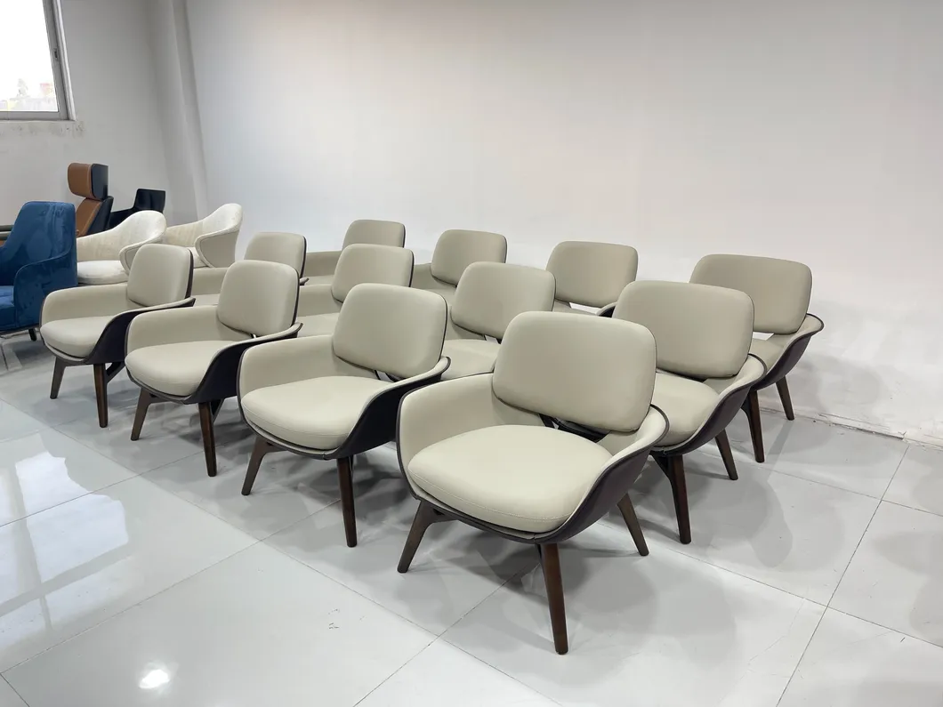 China Fiberglass Public Area Reception Accent Iconic Leather Chair with Solid Wood Base