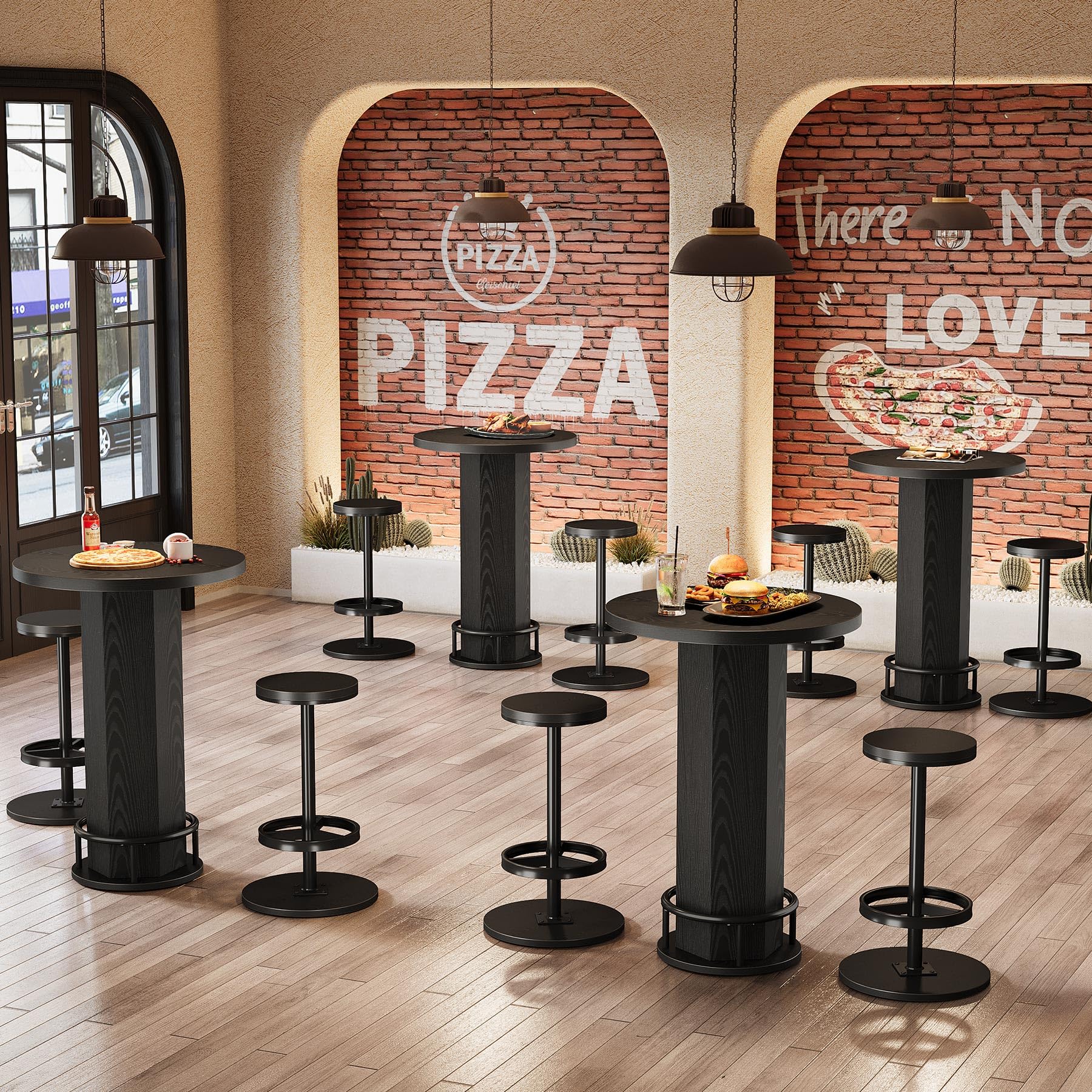 Tribesigns Round Bar Table with Chairs, Industrial Black Bistro Sets with 2 Barstools, Small Pub Table with Metal Ring Footrest