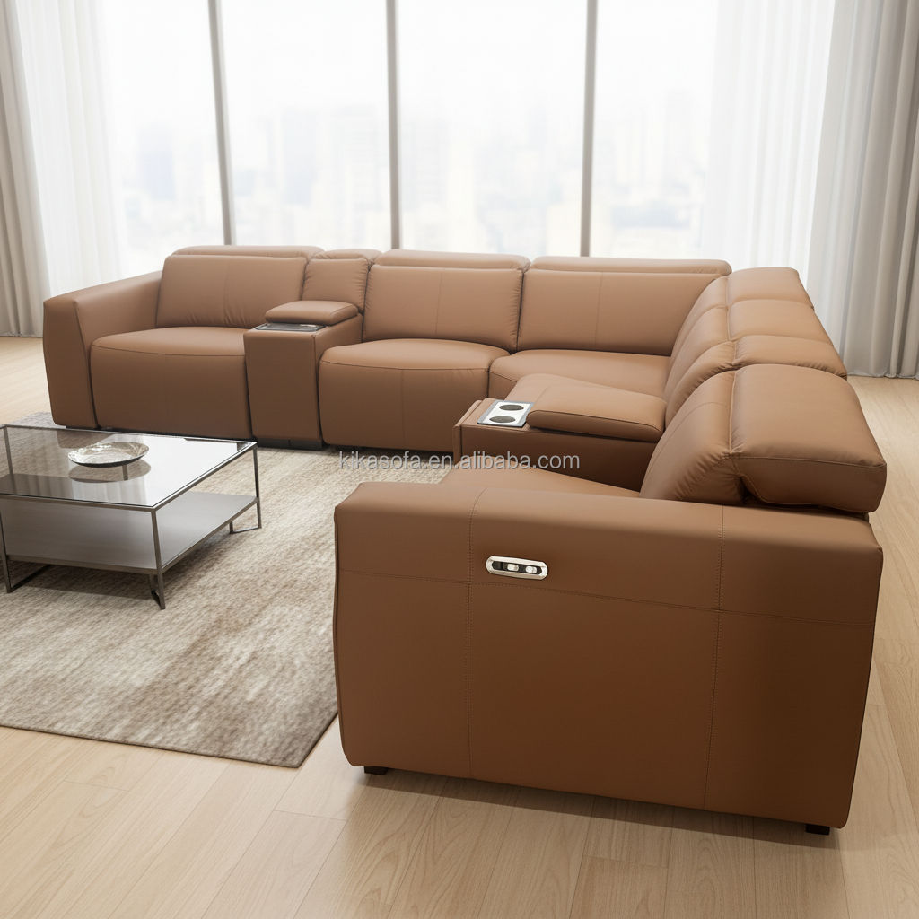 L Shape Modular Genuine Leather Modern Sectional Recliner Motion Sofa Set with Extendable Massage Feature Apartment Hotel Villa