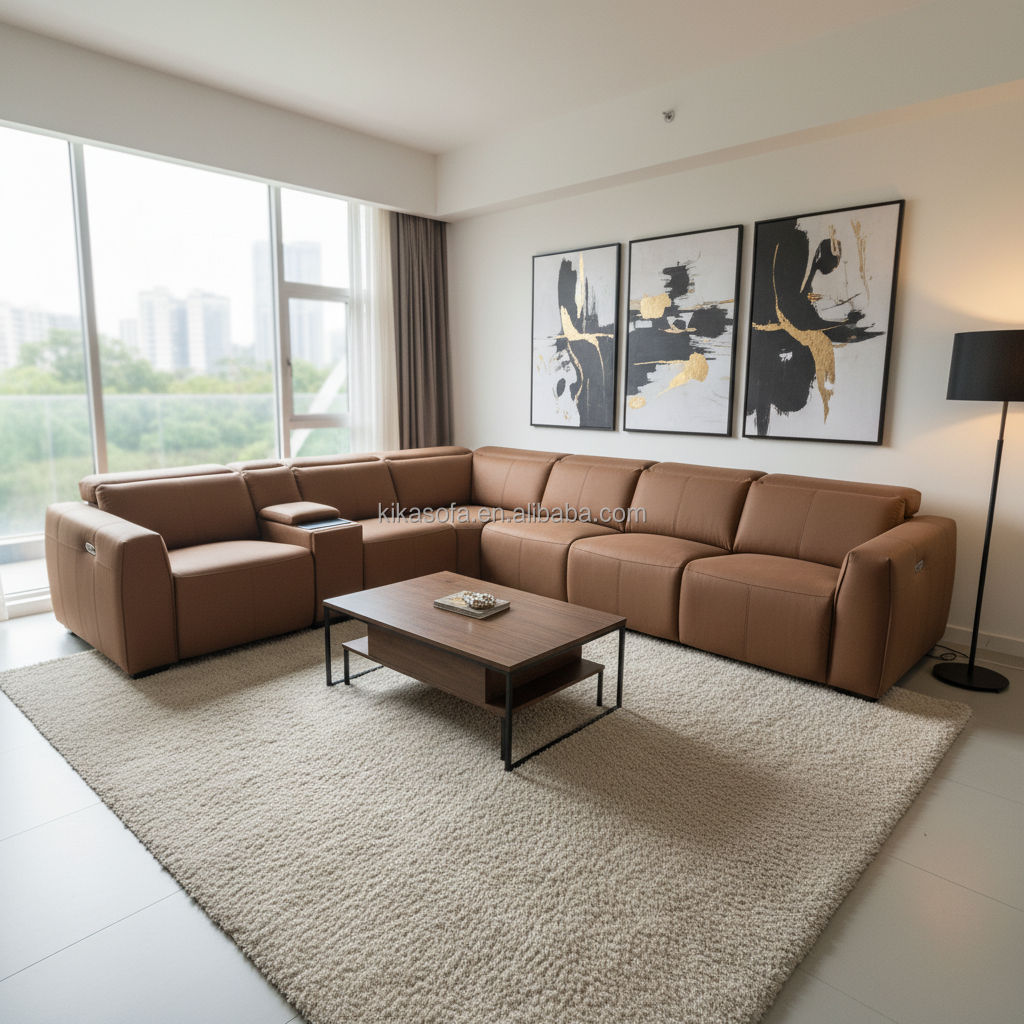 L Shape Modular Genuine Leather Modern Sectional Recliner Motion Sofa Set with Extendable Massage Feature Apartment Hotel Villa