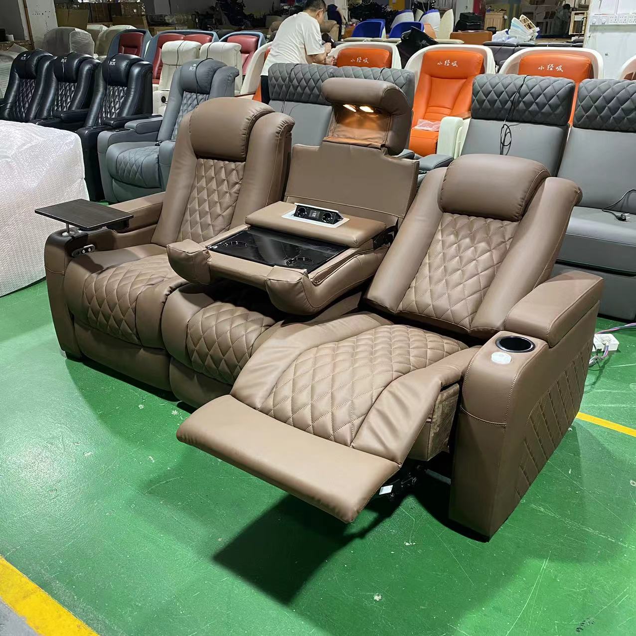 HOT Double Diamond Stitches Modern PU Leather Home Theater Furniture Colorful LED Light Reclining Chairs Electric Cinema Sofa