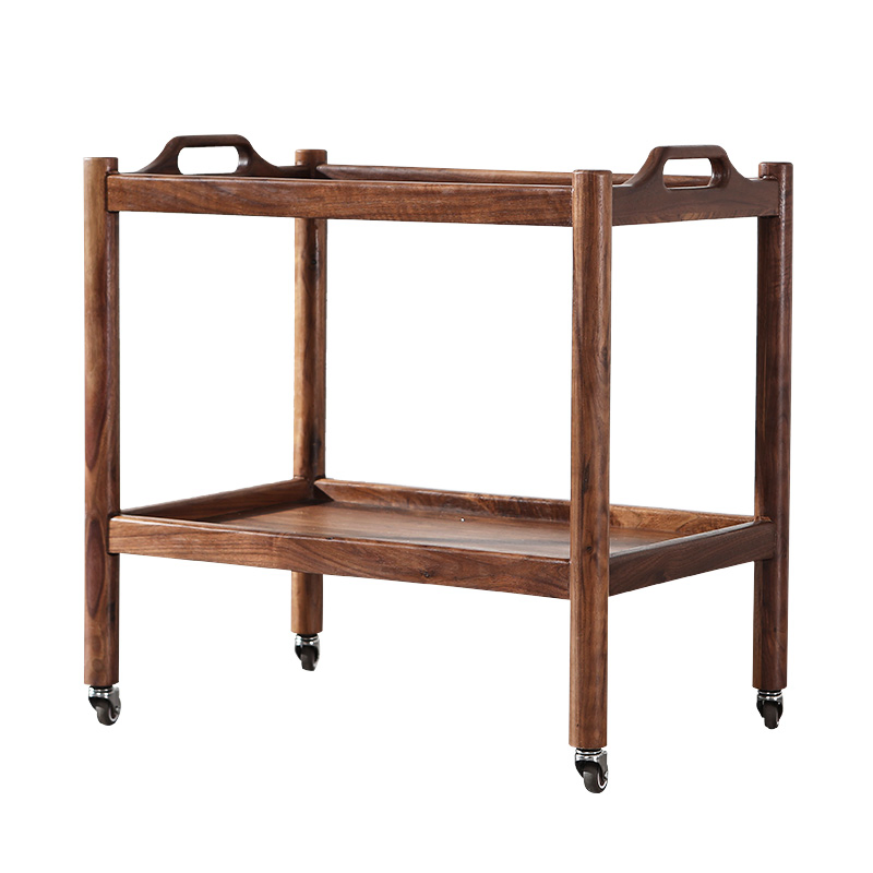 China Manufacturer Solid Walnut 2 Tiers Kitchen Island Trolley Cart with Storage, Rolling Side Table on Wheels for Kitchen, Dining Room, Living Room, Bar