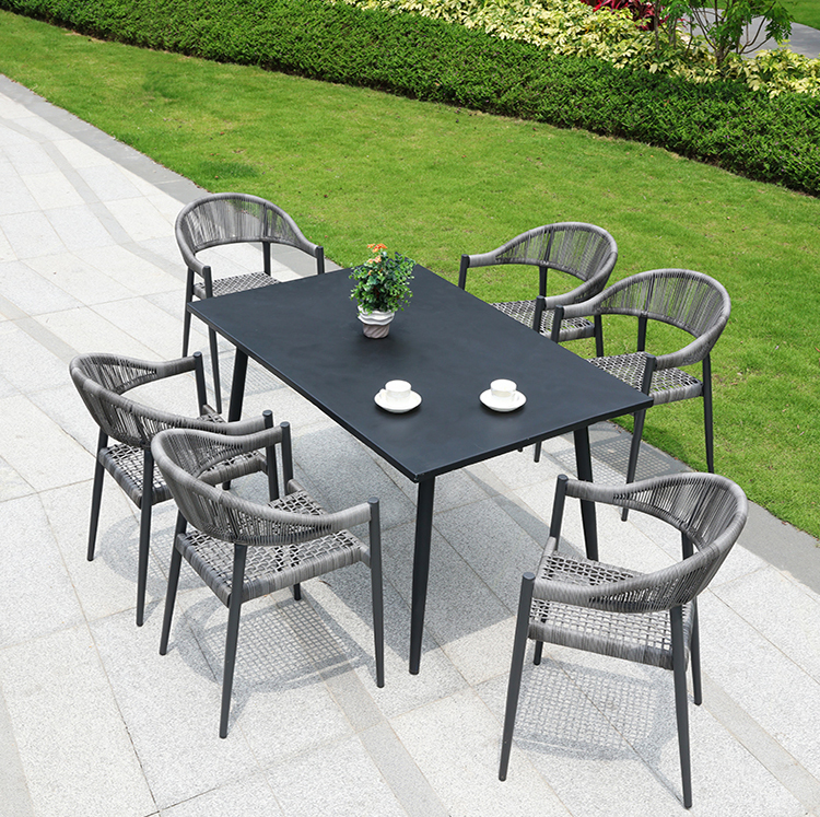 Modern Gray Garden 5 Piece Dining Set Furniture Outdoor Patio Bistro Woven Rope Aluminum Square Table and 4 Seater Chairs