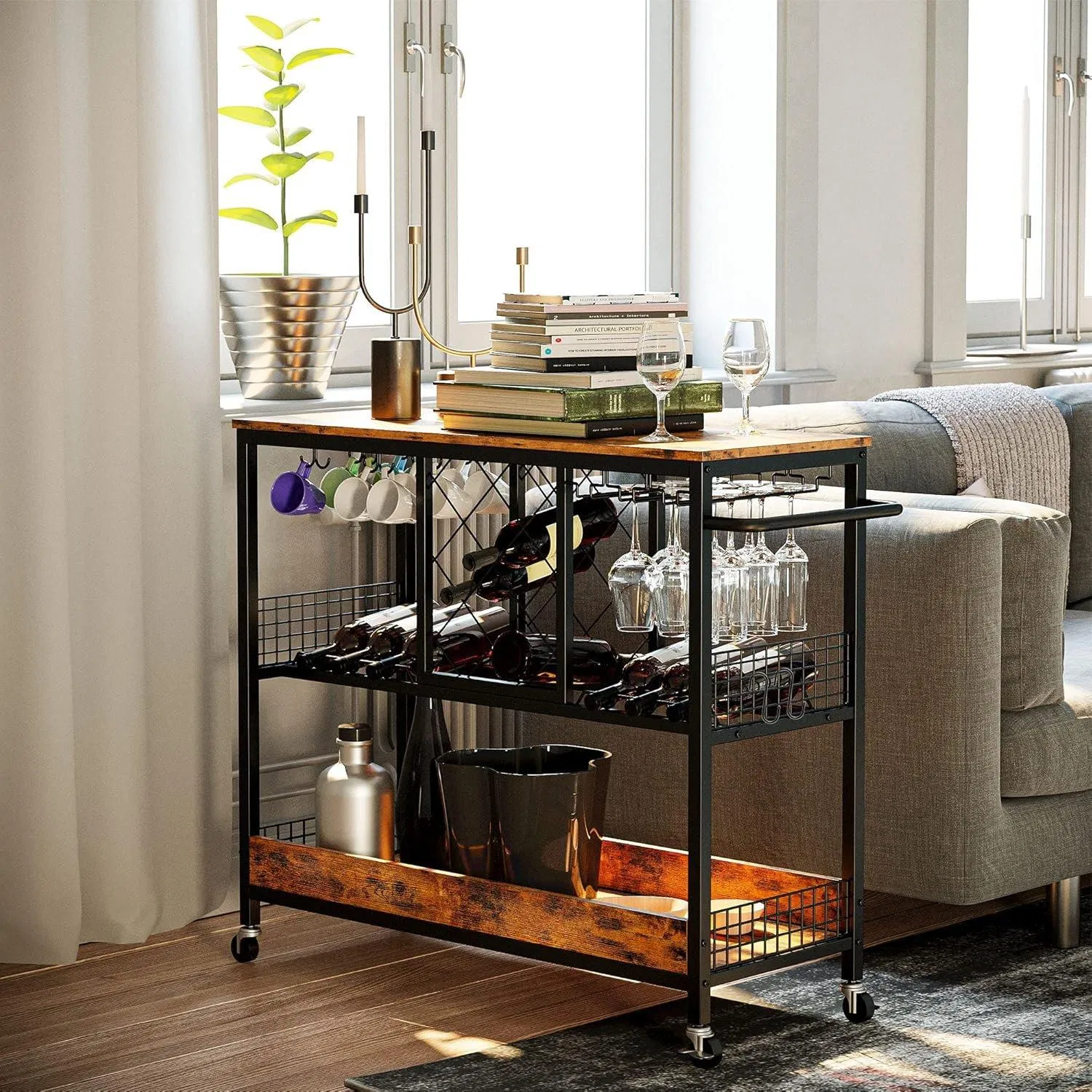 Elegant Vintage Brown Bar Cart with Wine Storage and Glass Holders