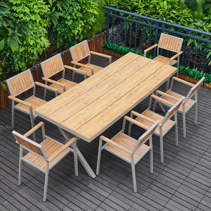 High Quality Modern Outdoor Dining Furniture Aluminum Frame Plastic Wood Bistro Bar Garden Leisure Table Chair 6-Person Set