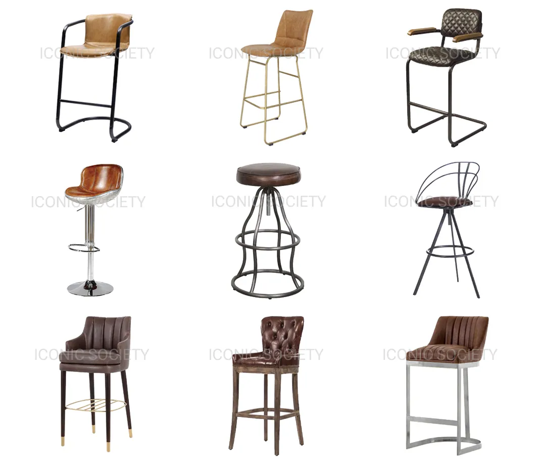 Industrial Club Pub Hotel Furniture Metal Low Back Iron Genuine Leather Counter Bar Stool