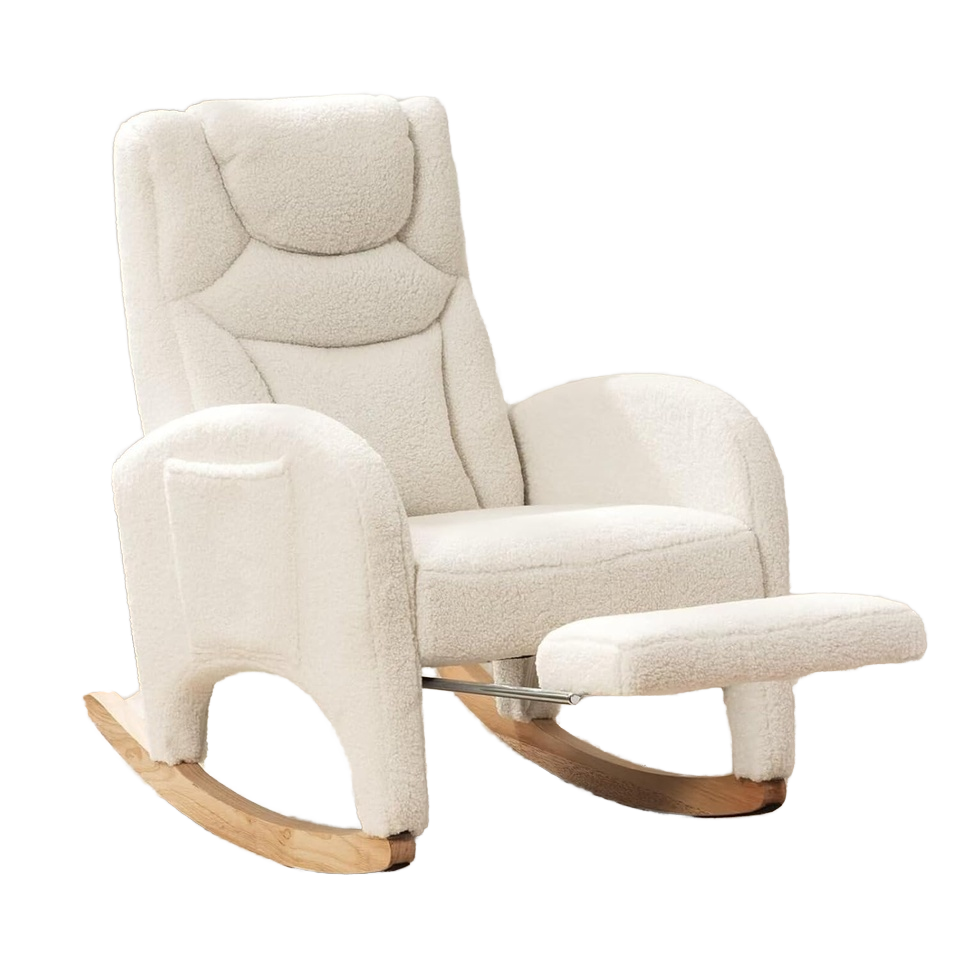 Rocking Chair Nursery, Modern Glider Chair with Adjustable Footrest and Solid Wood Legs, Teddy Ivory