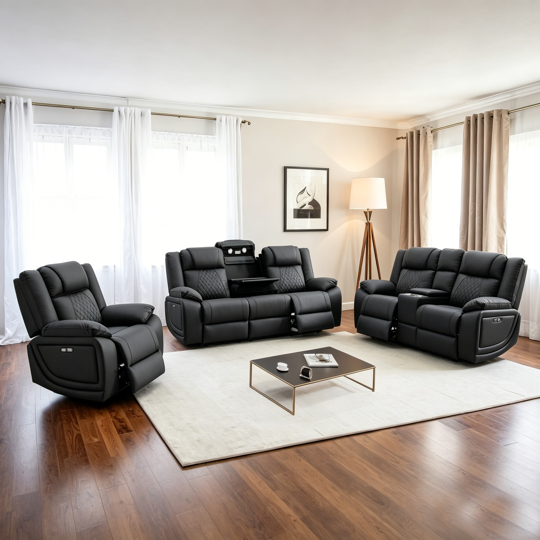 Home Theater Recliner Sofa LED Lights Cup Holder Dropdown Table Wireless Charger Reading Light 3-Seater Leather Ergonomic