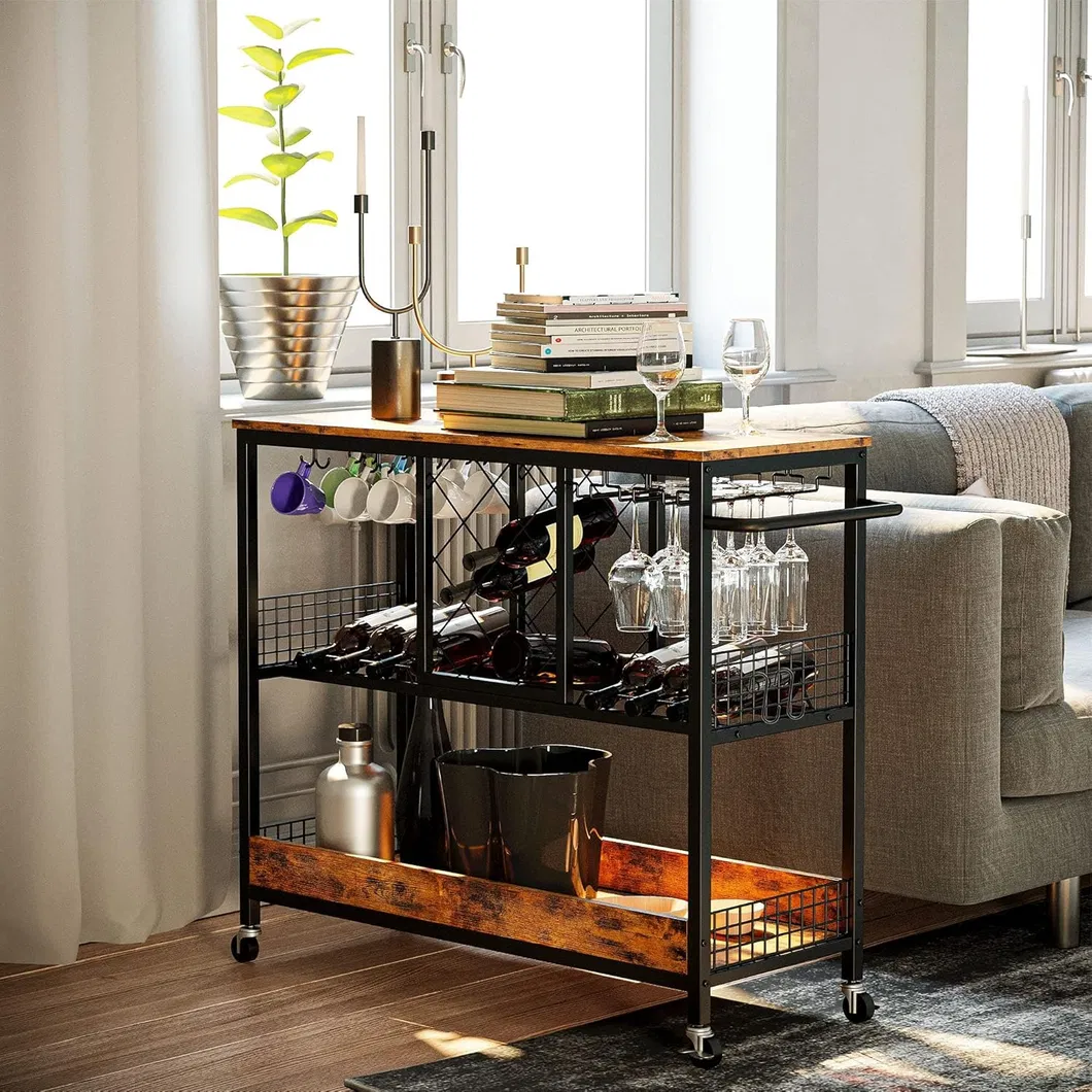 Elegant Vintage Brown Bar Cart with Wine Storage and Glass Holders