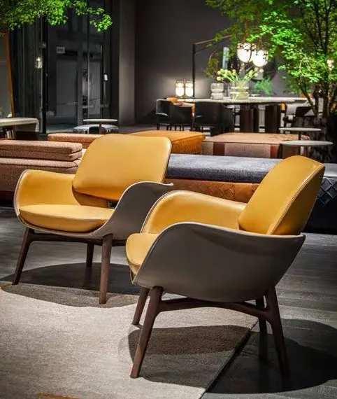 China Fiberglass Public Area Reception Accent Iconic Leather Chair with Solid Wood Base