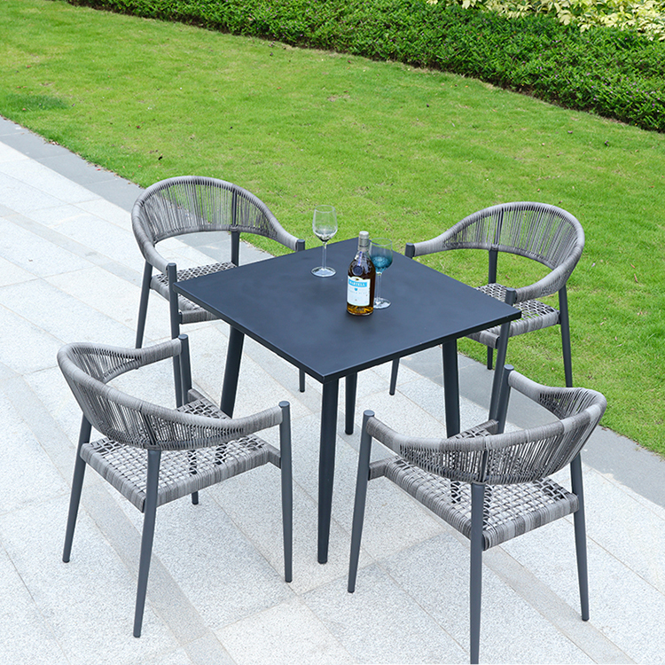 Modern Gray Garden 5 Piece Dining Set Furniture Outdoor Patio Bistro Woven Rope Aluminum Square Table and 4 Seater Chairs