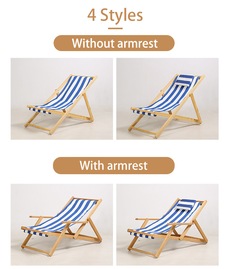 BSCI Adjustable Height Folding Armrest Fishing Foldable Wooden Camping Beach Lounge Chair with Pillow