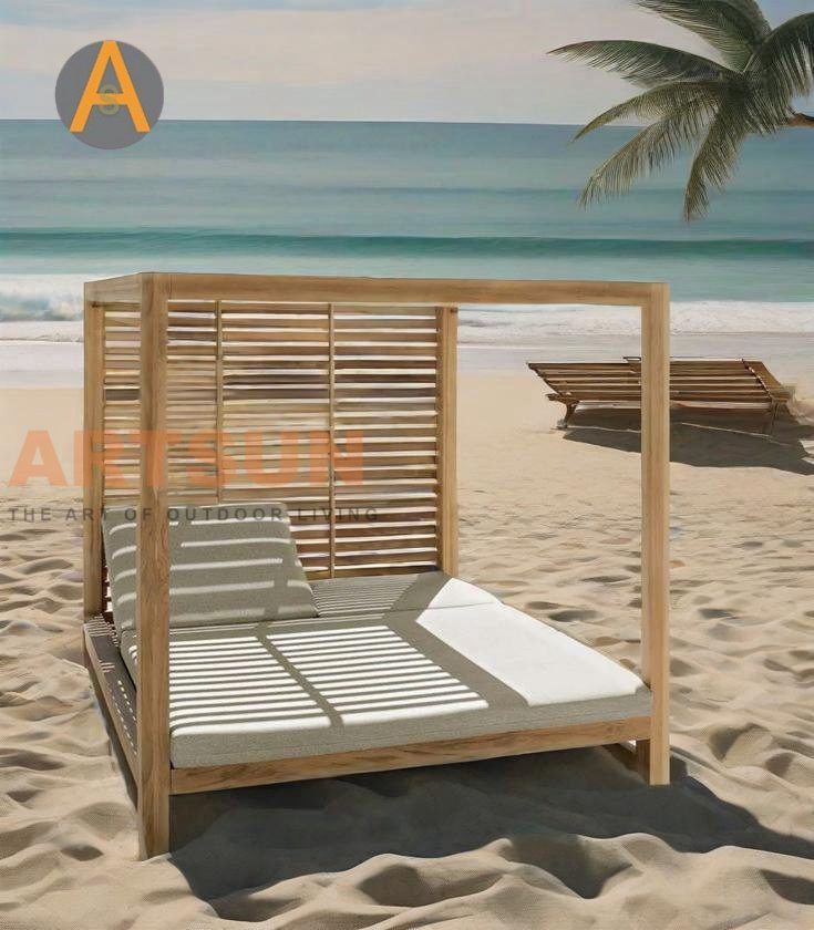 Teak Wood Durable Guaranteed Daybed Weather Resistant Double Size Outdoor Sunbed Beach &amp; Pool Relaxation Furniture for Hotel Resort Villa