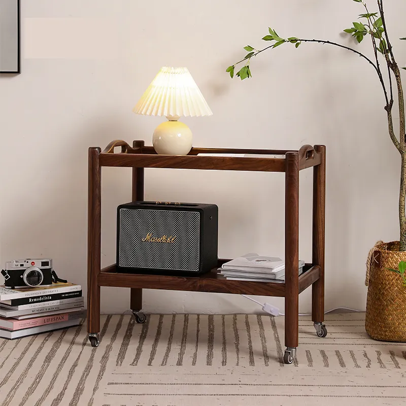 Solid Walnut 2 Tiers Kitchen Island Trolley Cart with Storage