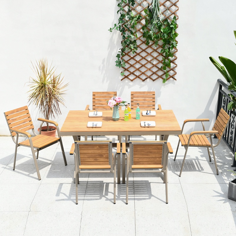 High Quality Modern Outdoor Dining Furniture Aluminum Frame Plastic Wood Bistro Bar Garden Leisure Table Chair 6-Person Set