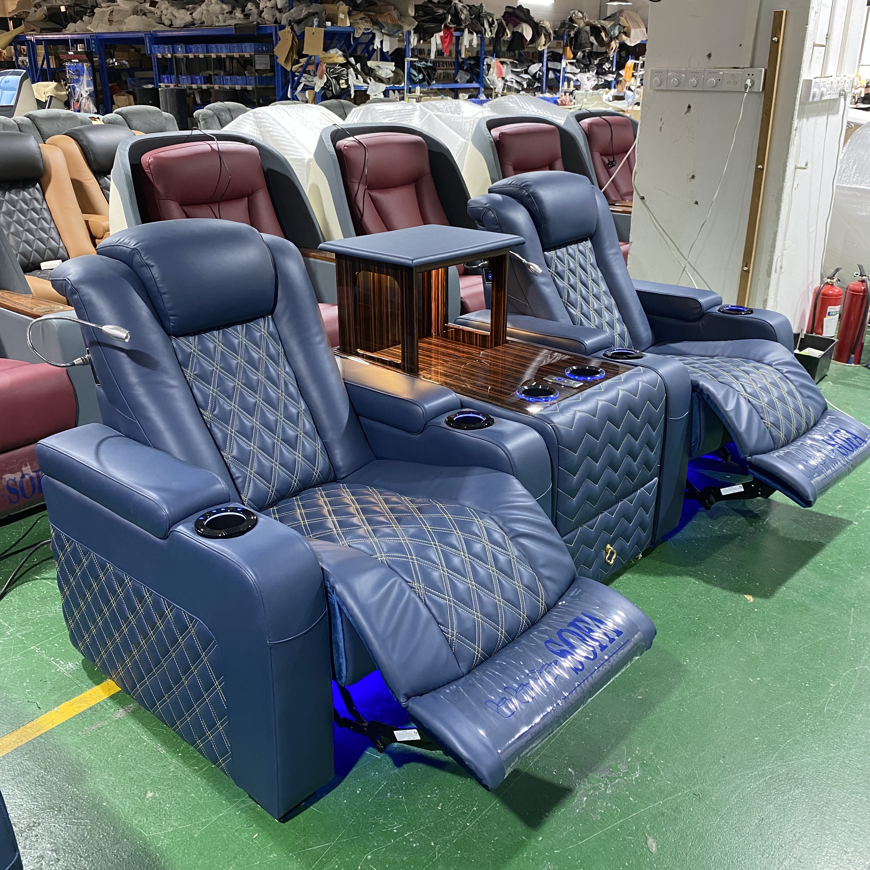 HOT Double Diamond Stitches Modern PU Leather Home Theater Furniture Colorful LED Light Reclining Chairs Electric Cinema Sofa
