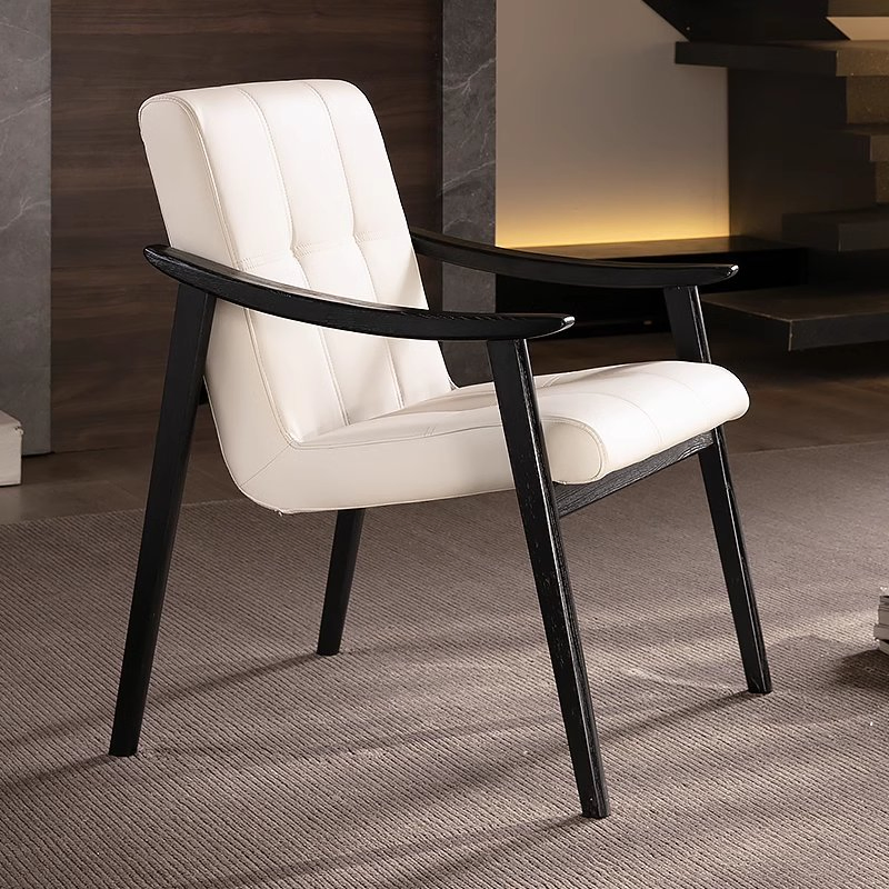 Japandi Design Wooden Backrest Accent Chair Luxury Synthetic Leather White Waterproof Restaurant Dining Chairs for Kitchen