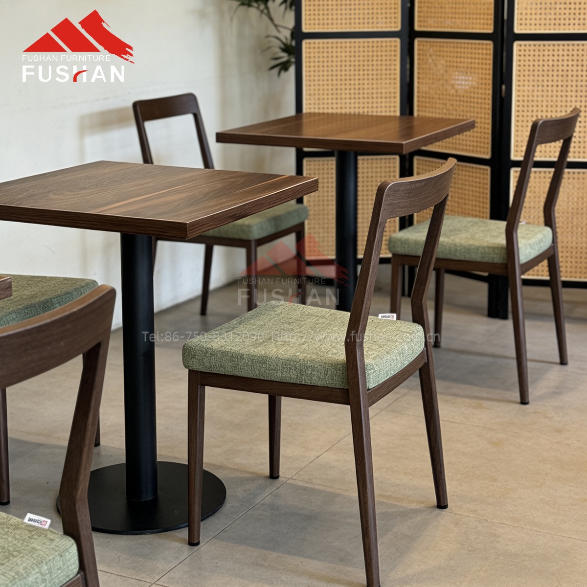 Wholesale Wood Look Metal Restaurant Table and Chair Set Nordic Fabric Cushion Seat Commercial Cafe Bistro Dining Furniture Sets