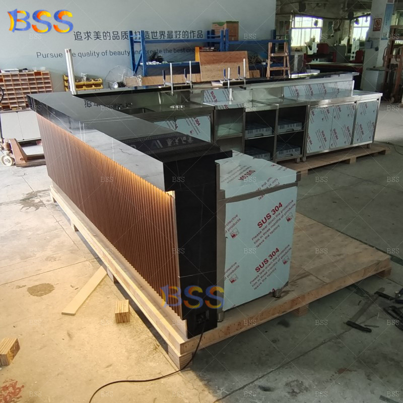 Night Club Bar Modern Design Wholesale Black Marble Top Brown Wood Pub Wine Cocktail Cafe L Shape Hotel Restaurant Bar Counter