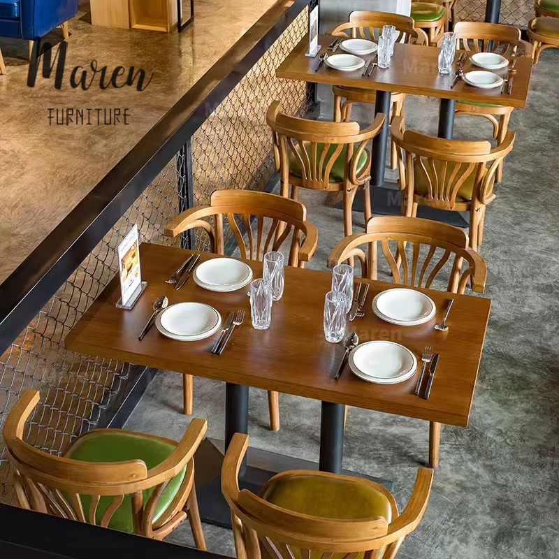 Wholesale Price Restaurant Table Chair Set Solid Wood Upholstered Retro Cafe Furniture for Bistro Coffee Shop Western Restaurant