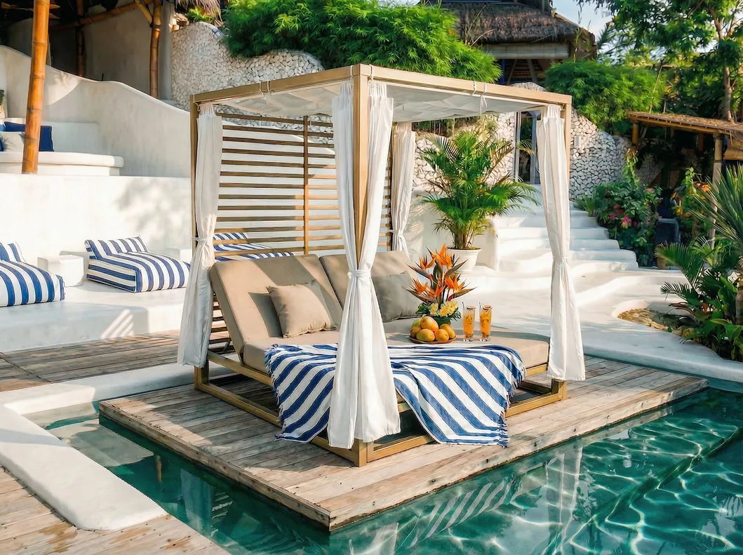 Customize Modern Aluminum Teak Wood Look Luxury Daybed Hotel Outdoor Sunbed