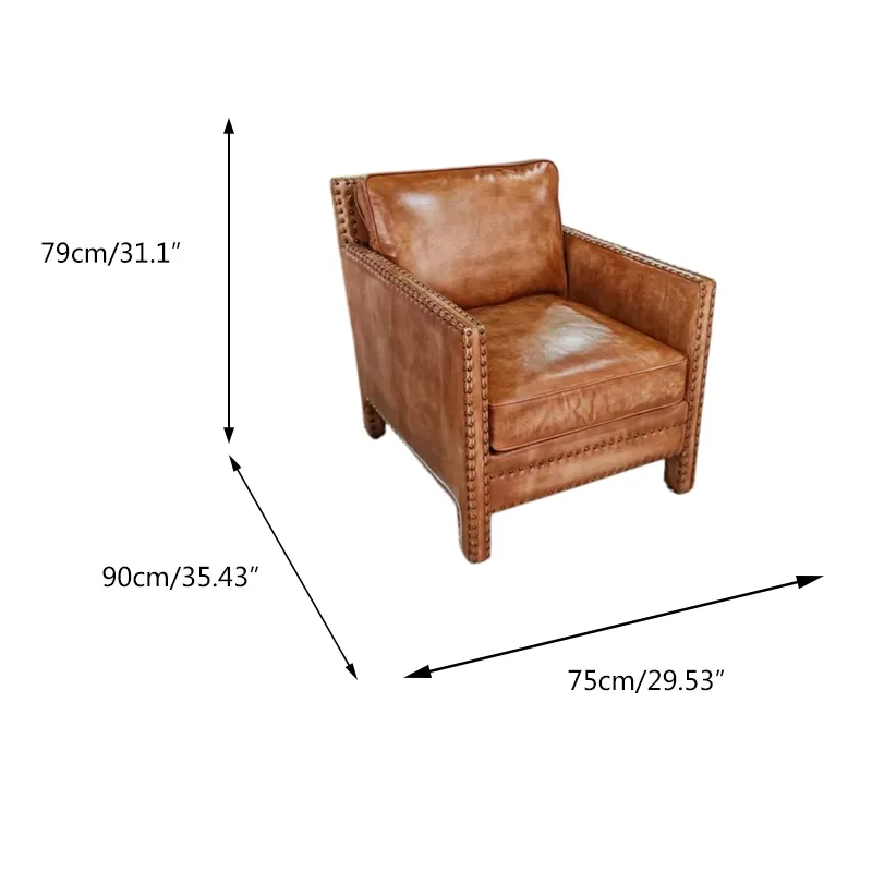 Top Grain Leather Armchair Featuring Wooden Frame and Rivet Accents