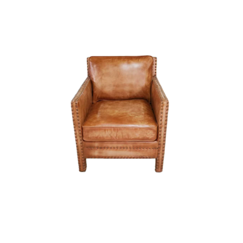 Top Grain Leather Armchair Featuring Wooden Frame and Rivet Accents