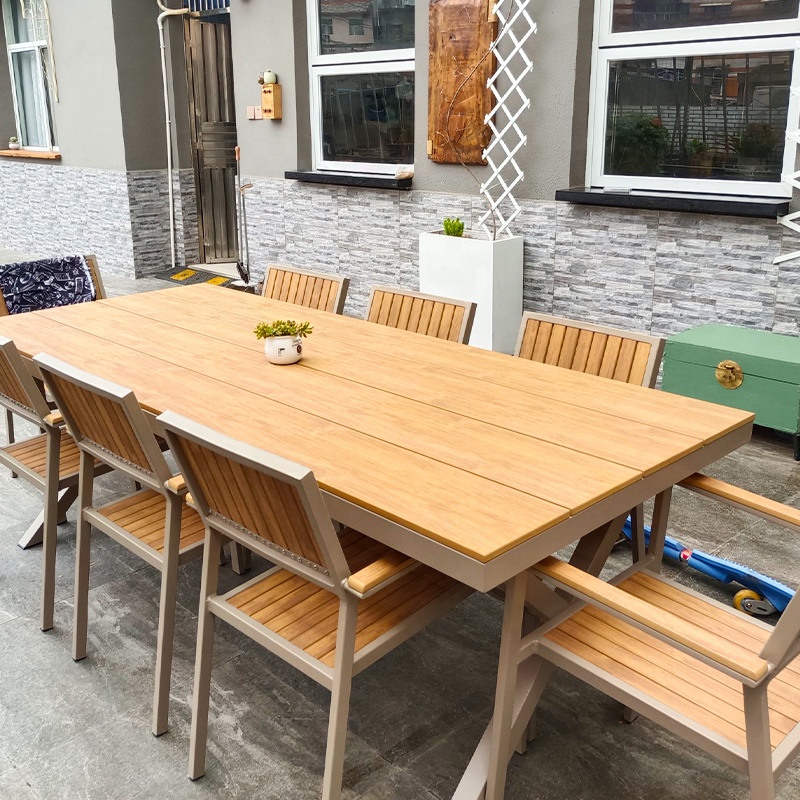 High Quality Modern Outdoor Dining Furniture Aluminum Frame Plastic Wood Bistro Bar Garden Leisure Table Chair 6-Person Set