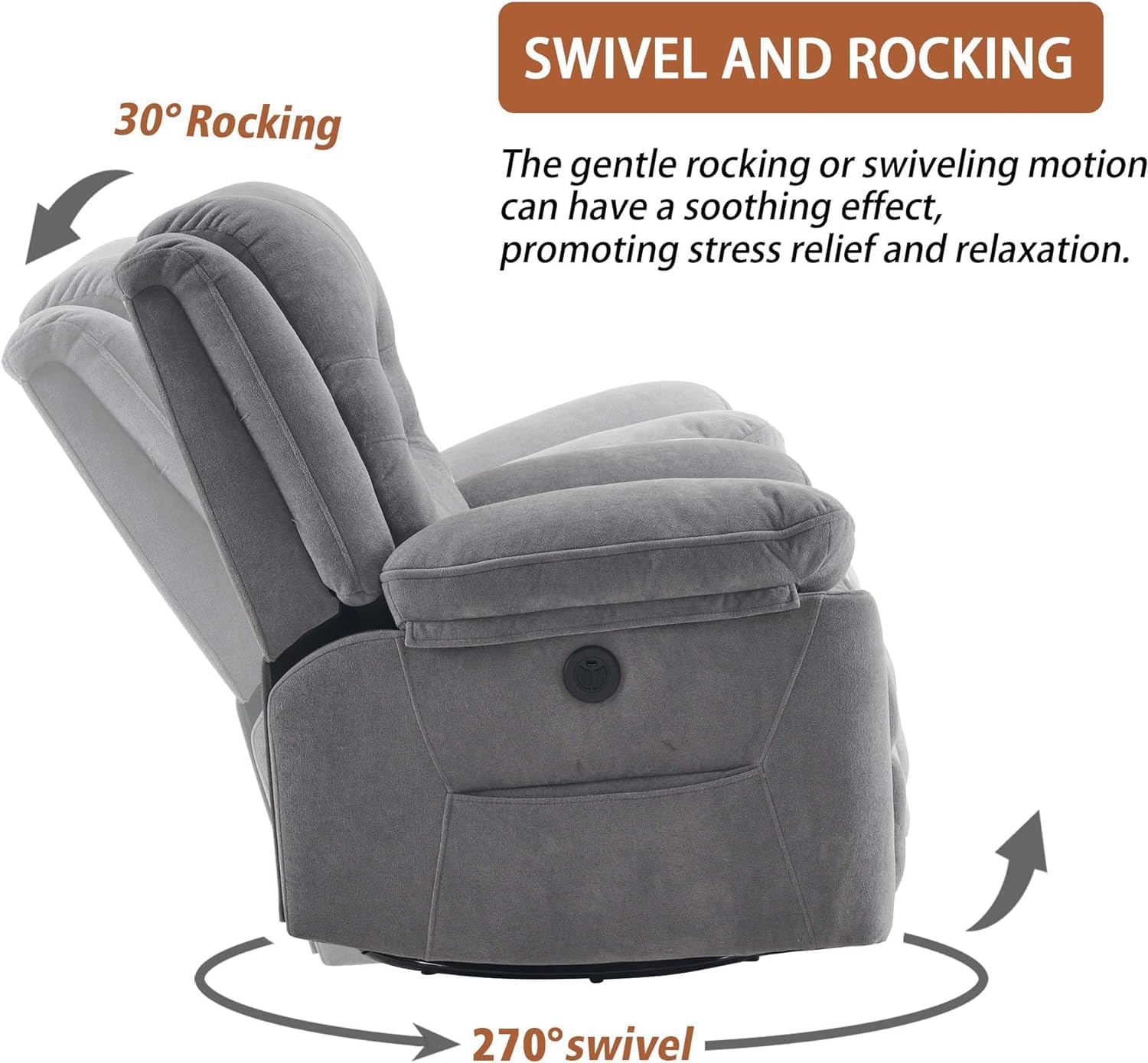 Ketaiyou Power Swivel Rocker Recliner USB Port Infinite Position Overstuffed Electric Glider Chair Living Room Soft Reclining