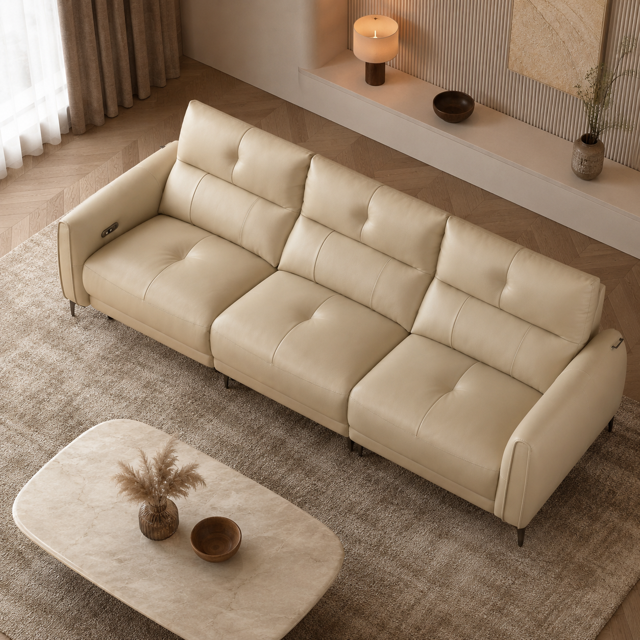 Modern Beige Genuine Leather Recliner Sofa with Adjustable Headrests for Living Room