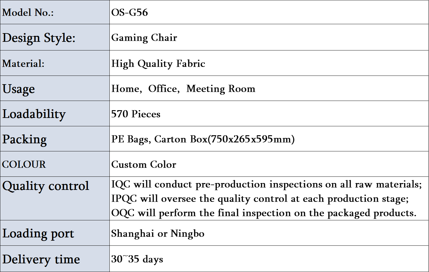 OS-G56 Gaming Chair Specifications