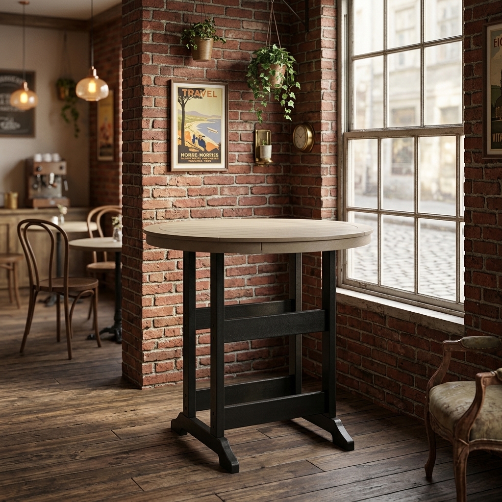 Two-Tone HDPE Round Bar Table All-Weather Poly Lumber High Top Bistro Table Heavy Duty Outdoor Patio Pub Table for Poolside