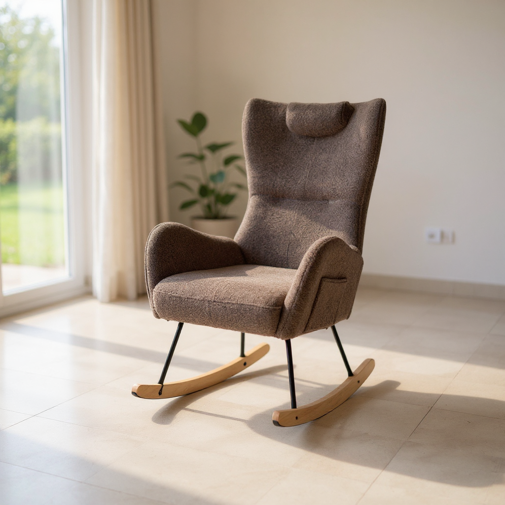 Modern Teddy Fabric Glider Chair with Safety Features Comfy Rocking Armchair with Side Pocket