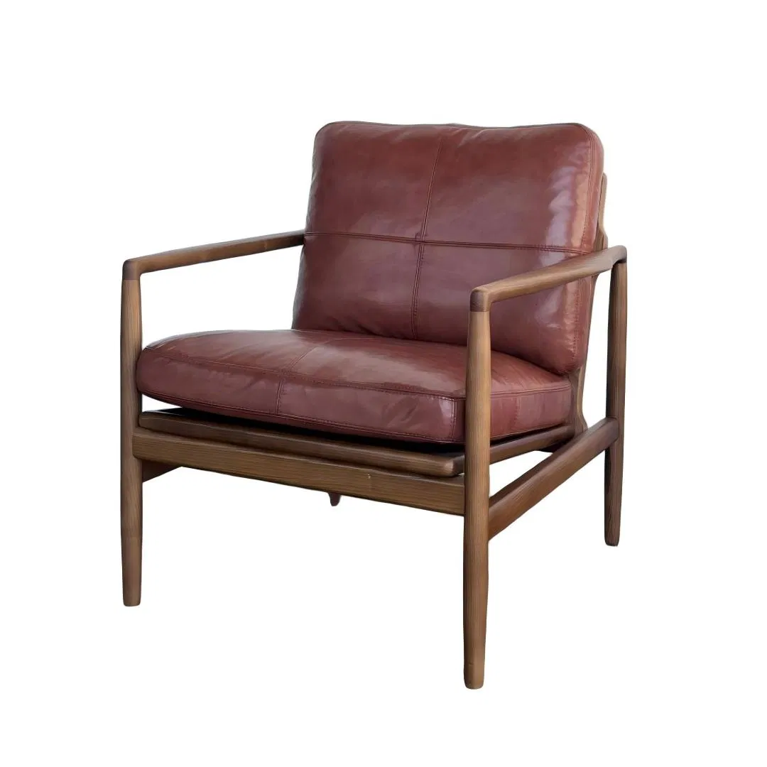 Hank Chair MID-Century Modern Top Grain Leather Armchair Solid Wood Frame Accent Chair for Living Room