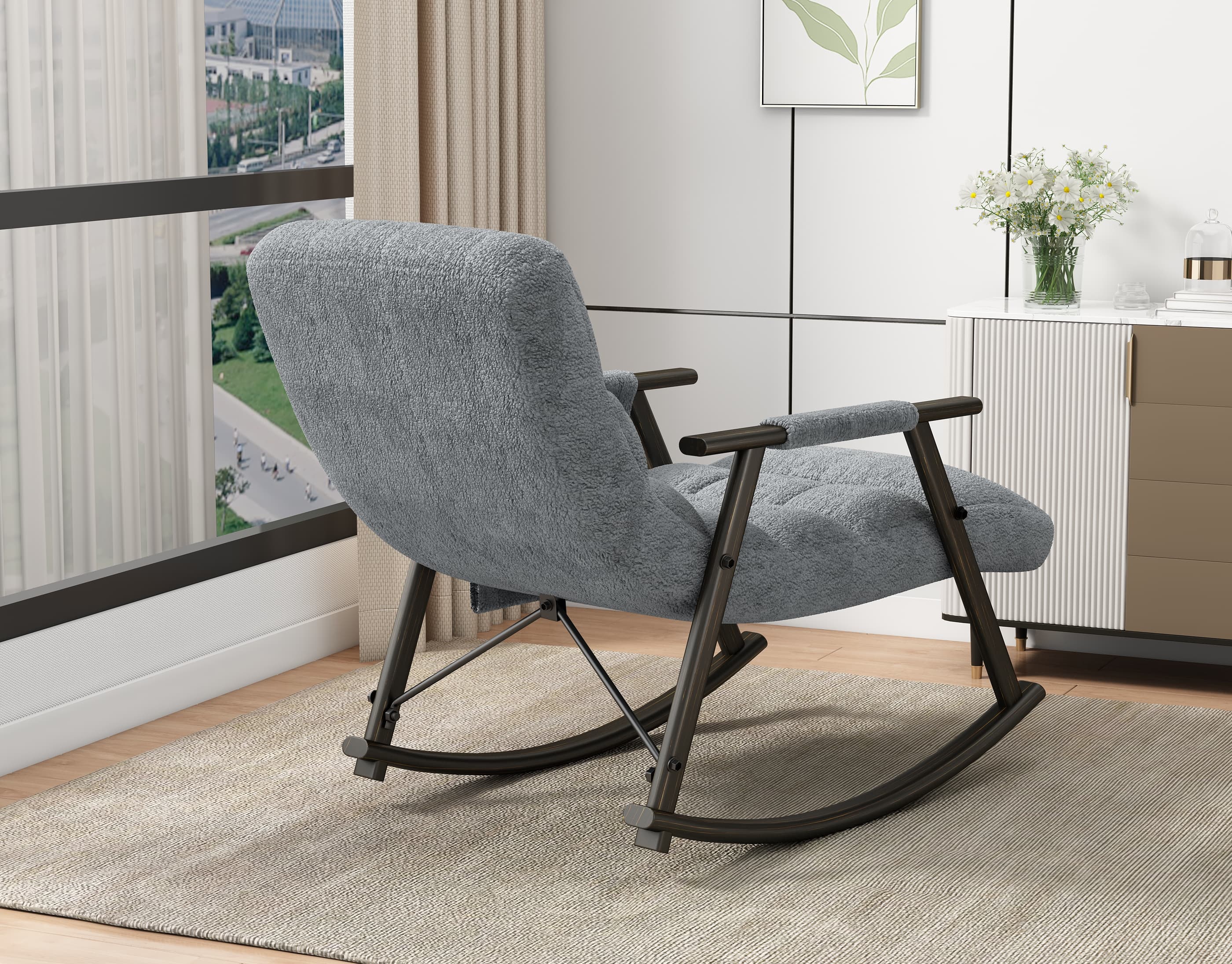 Soft Teddy Fleece Convertible Glider Rocking Chair Solid Wood Tufted Accent Chair for Living Room Bedroom